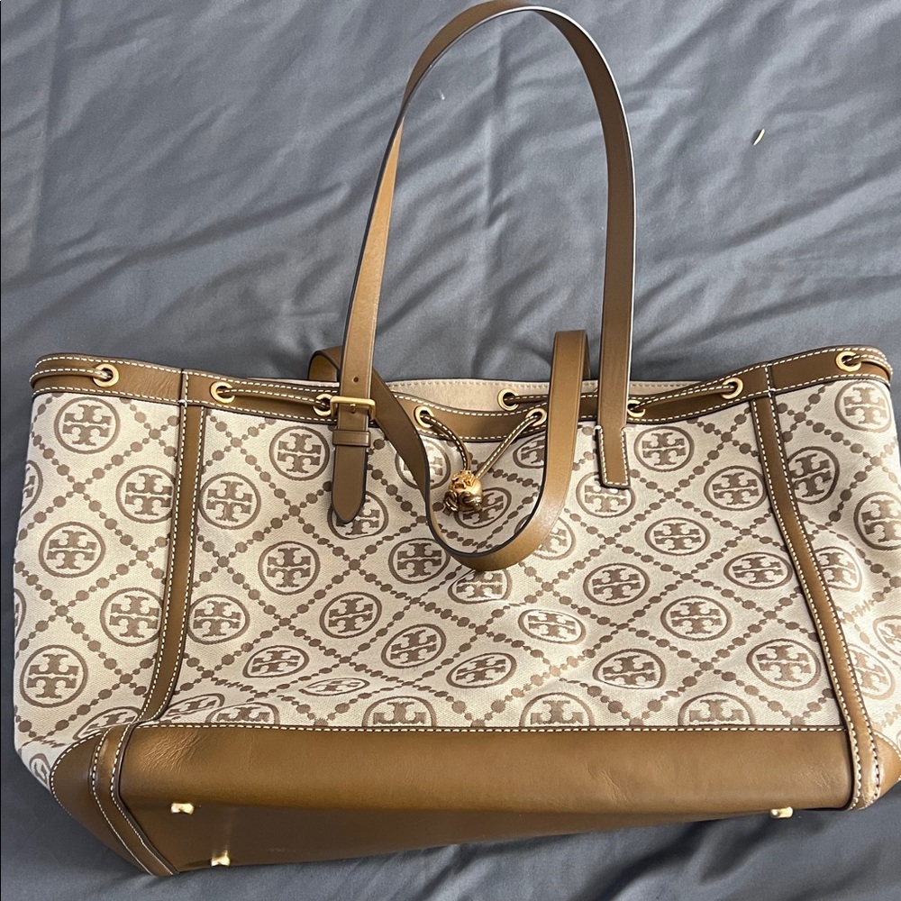 Tory Burch Tan and Cream Logo Canvas Tote
